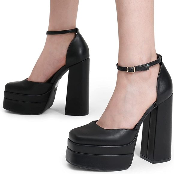 Women’s High Chunky Platform Closed Toe Block Heels Square Toe Ankle Strap Dres